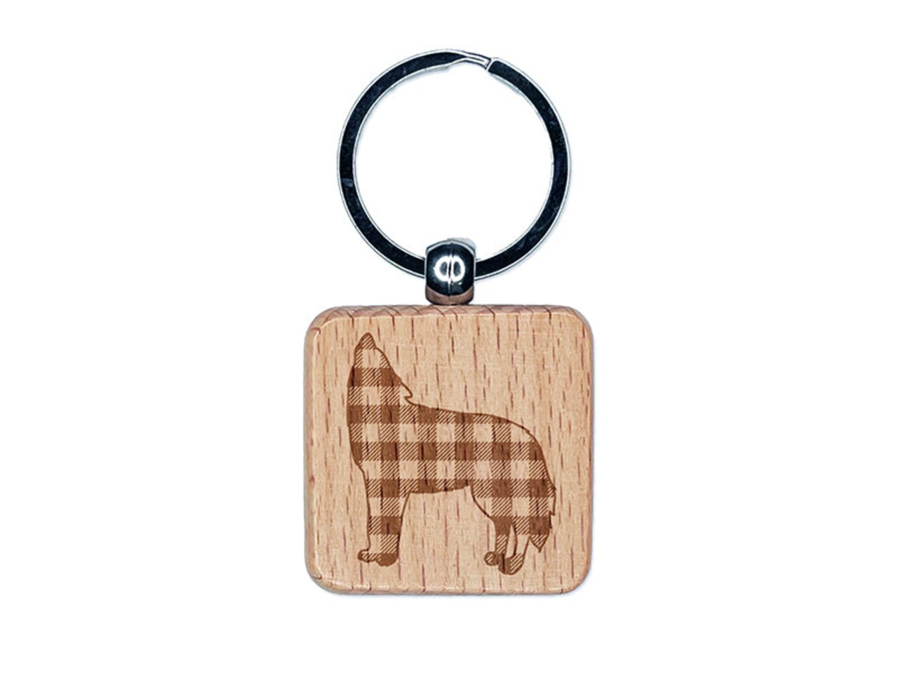 Plaid Howling Wolf Buffalo Print Engraved Wood Square Keychain Tag Charm